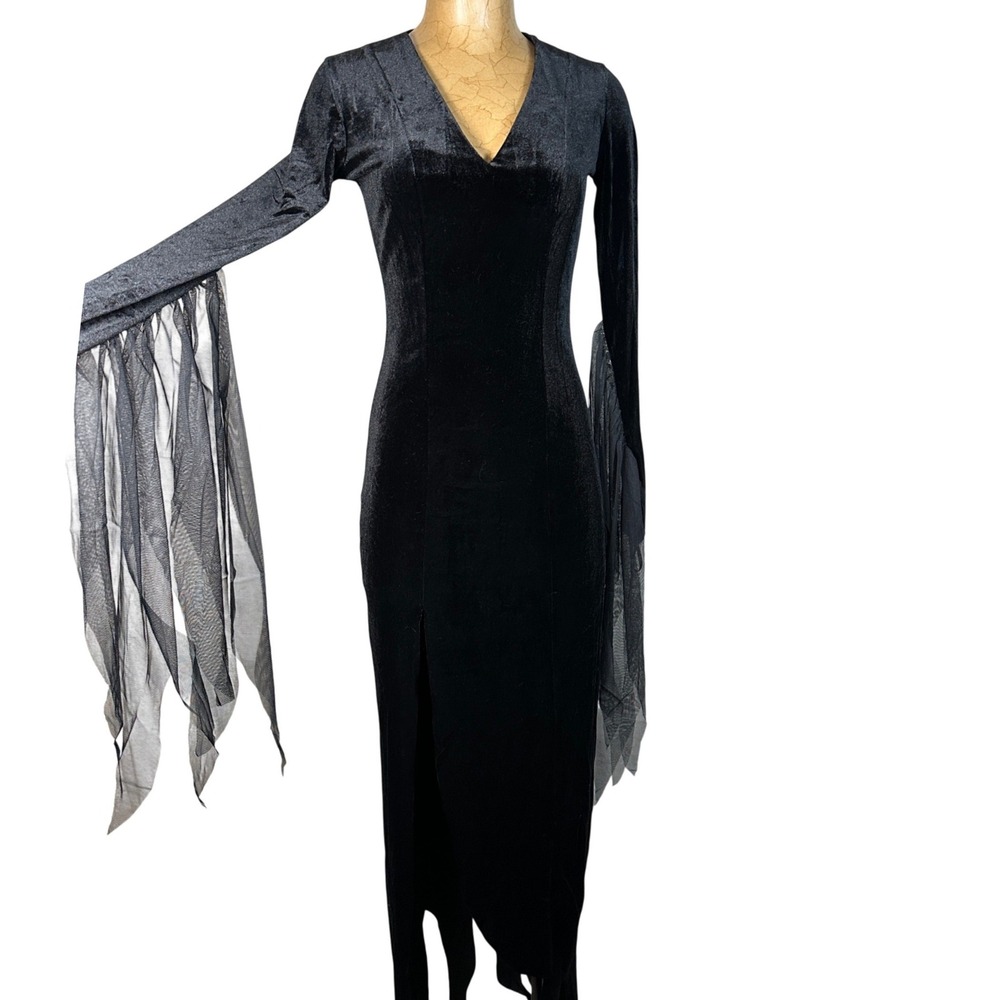 Black‎ Velvet Gothic Maxi Dress Witchy Morticia Adams Bell Sleeve Tattered Gown